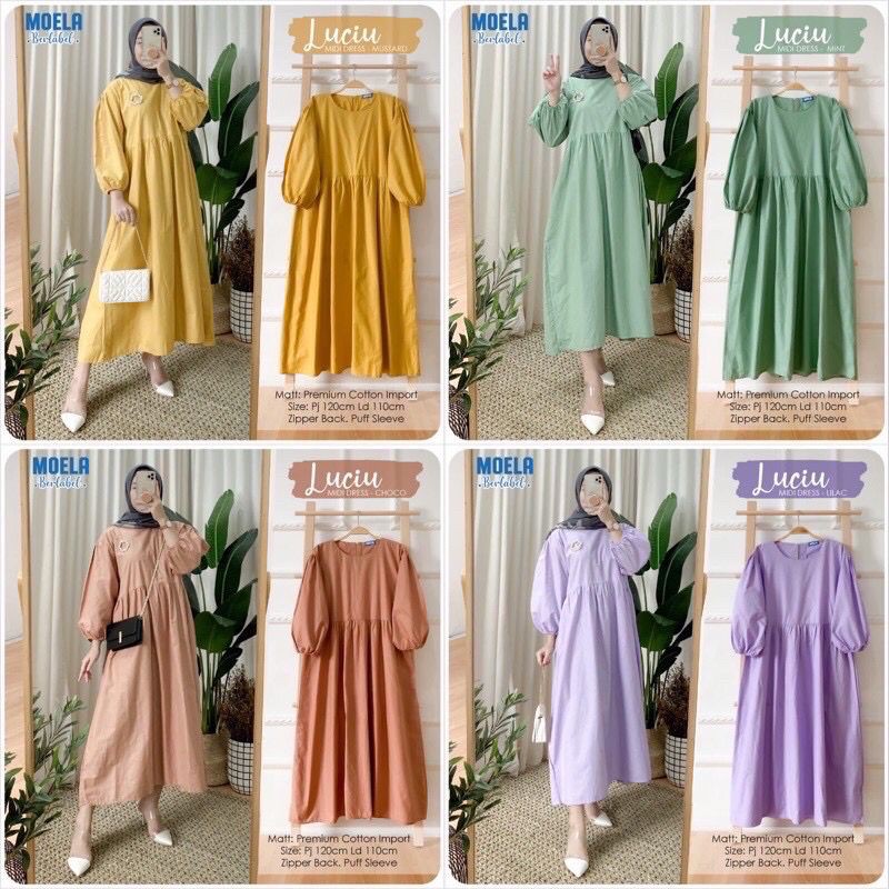 Luciu Midi Dress Mola Katun Rayon Premium Tangan Balon Jumbo LD 110 [COD]