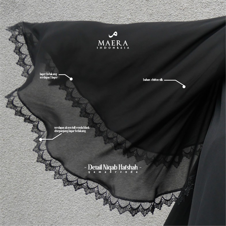 Niqab Cadar Yaman Bandana Basic Renda 2 Layer sifon Silk Jetblack Premium HAFSHAH by Maera