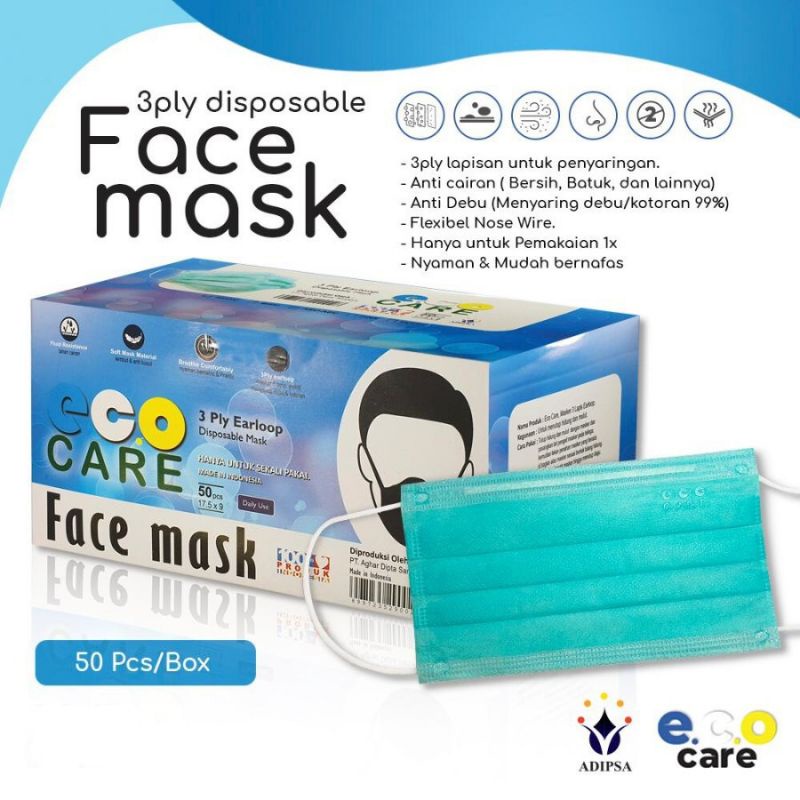 Masker Eco Care 3ply isi 50 pcs Earloop Face Mask EcoCare
