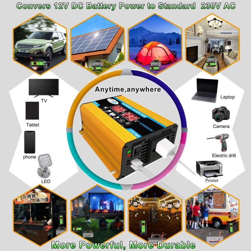 Power Inverter 4000W DC 12V to AC 220V Dual Usb Dengan Display Led Untuk Mobil Inverter