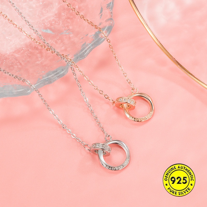 Kalung Rantai Sterling Silver 925 Dengan Liontin Cincin Ganda Untuk Wanita