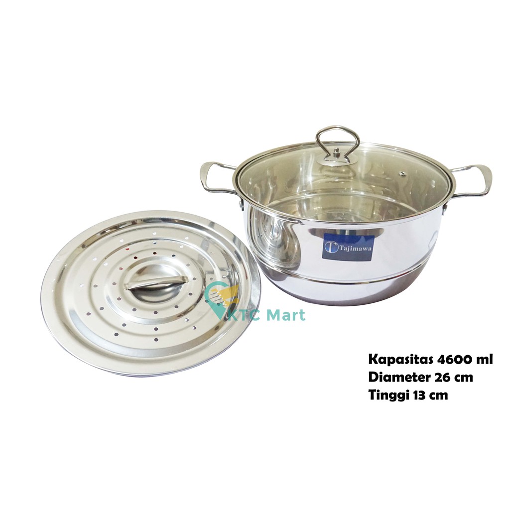 KTCmart - TAJIMAWA Panci Kukusan Stainles 26 cm Tutup KACA / Panci Sup/Soup Pot