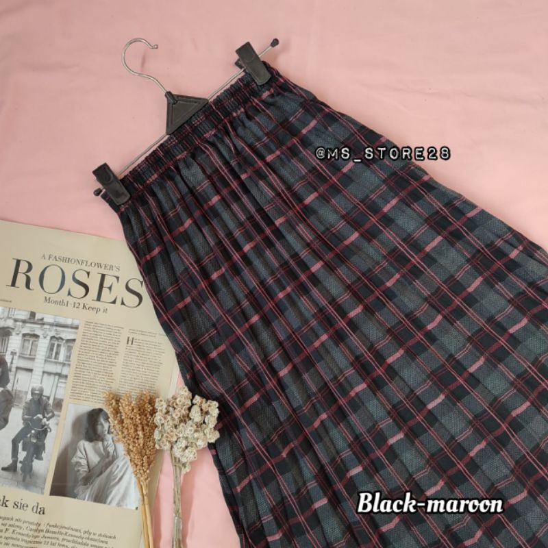COD ROK KOREAN STYLE PLISKET 2022/ROK TARTAN PLISKET JUMBO-plisket black-maroon