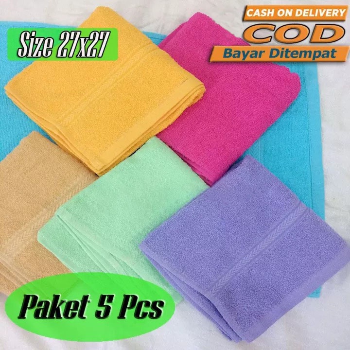 Paket Handuk Mini Warna Warni - Handuk Muka Kecil -Saputangan Handuk-Selampe Handuk - 5 Pcs