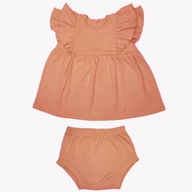 Cotton Cub Ruffle Dress + Bloomer Set - Baju Anak Bayi Terusan dengan Dalaman Celana Pendek Cewek-Brick