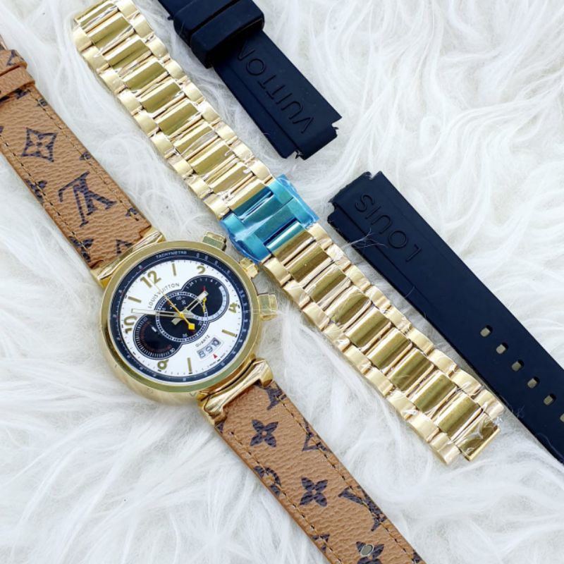 JAM TANGAN WANITA LV CRONO AKTIF PAKET FREE 2 TALI RANTAI DAN RUBBER DIAMETER 4CM + FREE BOX LV