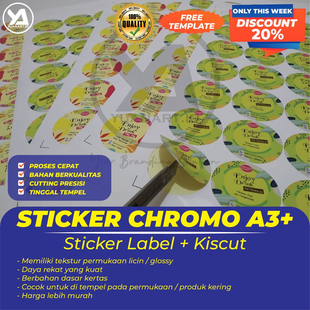

CETAK STICKER LABEL KEMASAN PRODUK MAKANAN MINUMAN CUP BOTOL TOPLES PARCEL HAMPERS KUE KERING LEBARAN IDUL FITRI CHROMO A3+ MURAH PRINT STIKER LEBEL CROMO POLA BENTUK KOTAK BULAT CUSTOM NAMA MEREK BRAND USAHA