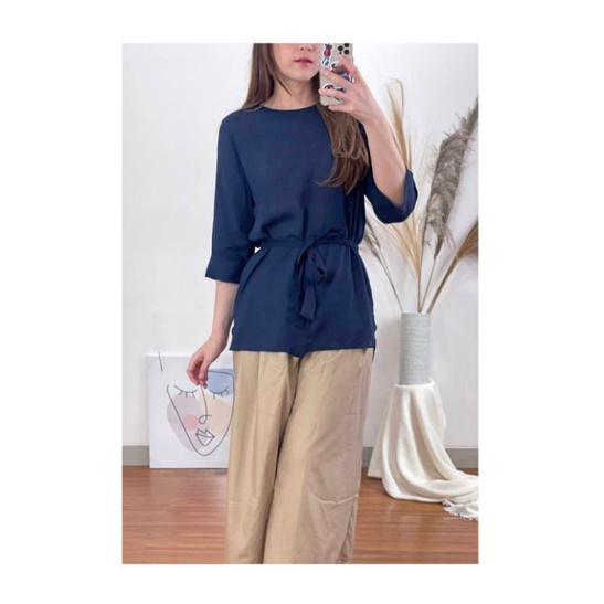 kenzi Navy Basic Cotton Linen Loose Blouse