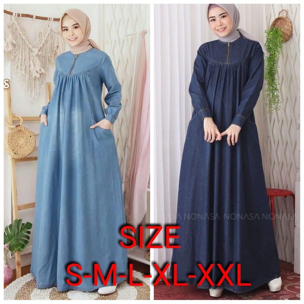 Gamis Jeans Wanita Model Terbaru Elena Size S M L XL XXL / Dress Maxi / Baju Muslim / Pakaian Wanita