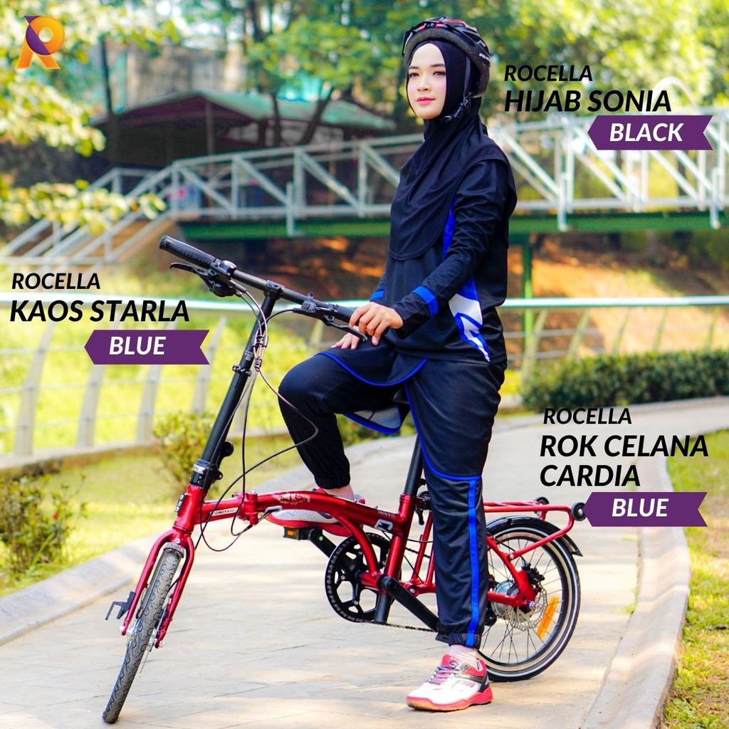 Baju Gowes Setelan Olahraga Sepeda Wanita Muslimah Hijab Kaos Rok Celana 2in1 ORI Murah Terlaris