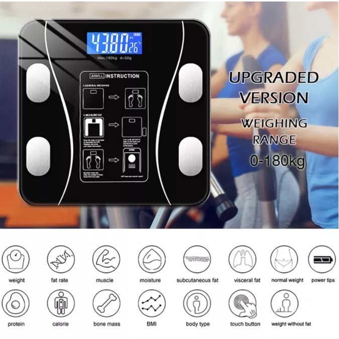 [Free Battery &amp; Bubble][BISA COD]  Timbangan Badan Digital Black Digital Scale Beban Load 180Kg Square/ Body Fat Monitor With App Smart Weight Scale timbangan berat badan dewasa digital