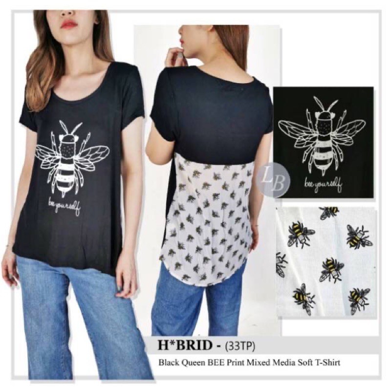 hybrid black queen bee print mixed media soft t-shirt