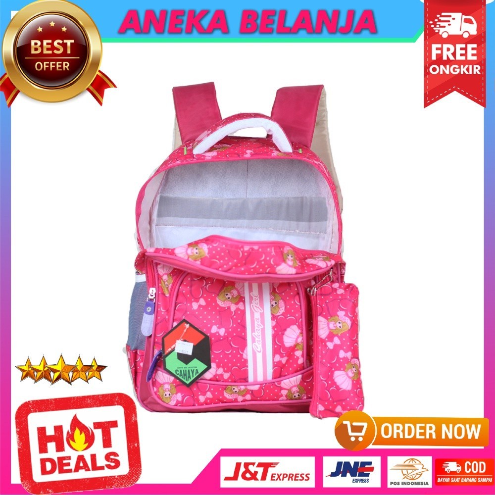 Tas Anak Sekolah Keren Ransel Cewek Cahaya Princess Strip Pink Gratis Tempat Pensil dan Raincover