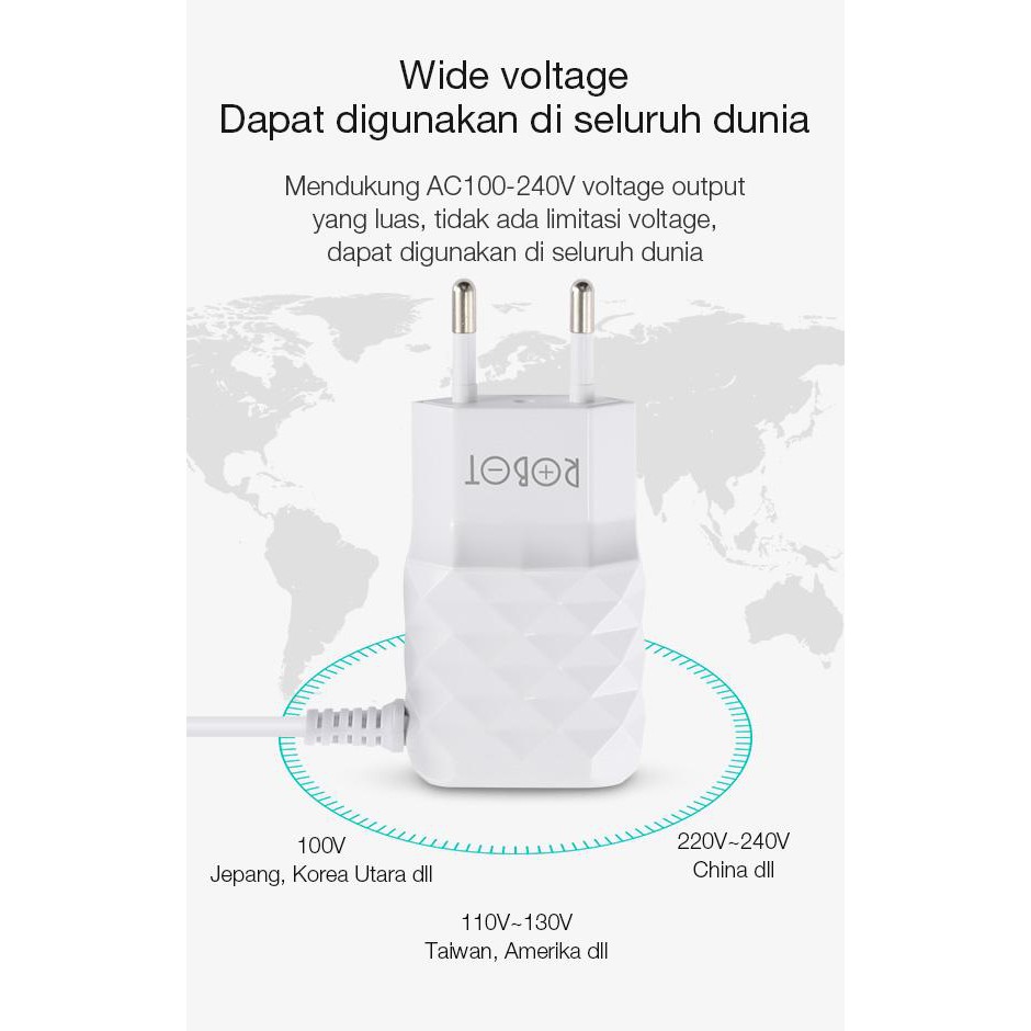 Robot Charger RT-K5 Dual USB Output 2A Charge 3 Devices at Same Time Diamond Shaped Texture