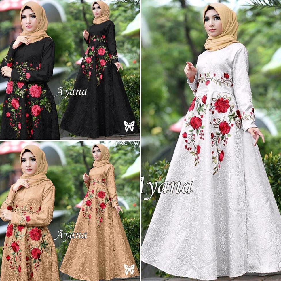 C7 KR MAXI LALUNA HITAM PUTIH KEMBANG BUNGA EMBOS BORDIR BUSUI GAMIS SYARI GAUN PESTA MEWAH TERUSAN