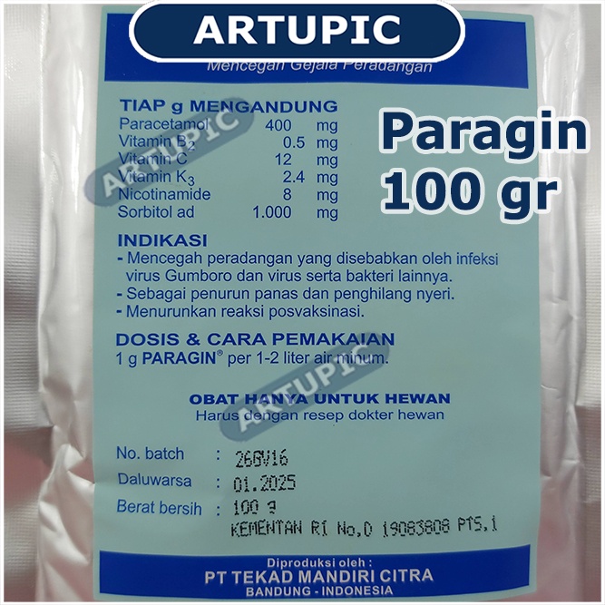 Paragin 100 gr Obat Anti Peradangan Anti Inflamasi Hewan Ternak Unggas Analgesik Antipiretik Non Steroid Meningkatkan Napsu Makan Penurun Panas Penghilang Nyeri