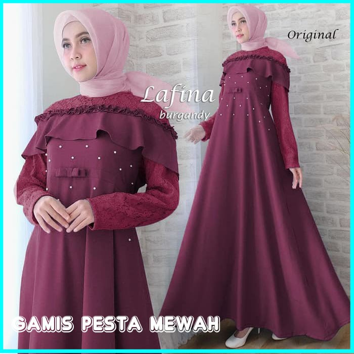 BAJU GAMIS PESTA WANITA TERBARU LAFINA BURGANDY / GAMIS PESTA BROKAT