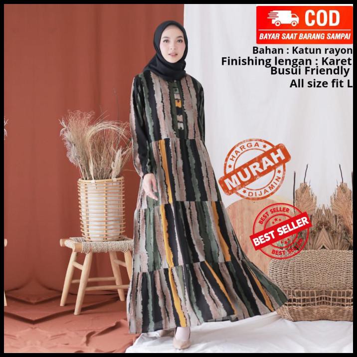 Gamis Murah Home Dress Rayon Busui - Premium Nyaman - Motif Garis - Tosca Garis, L