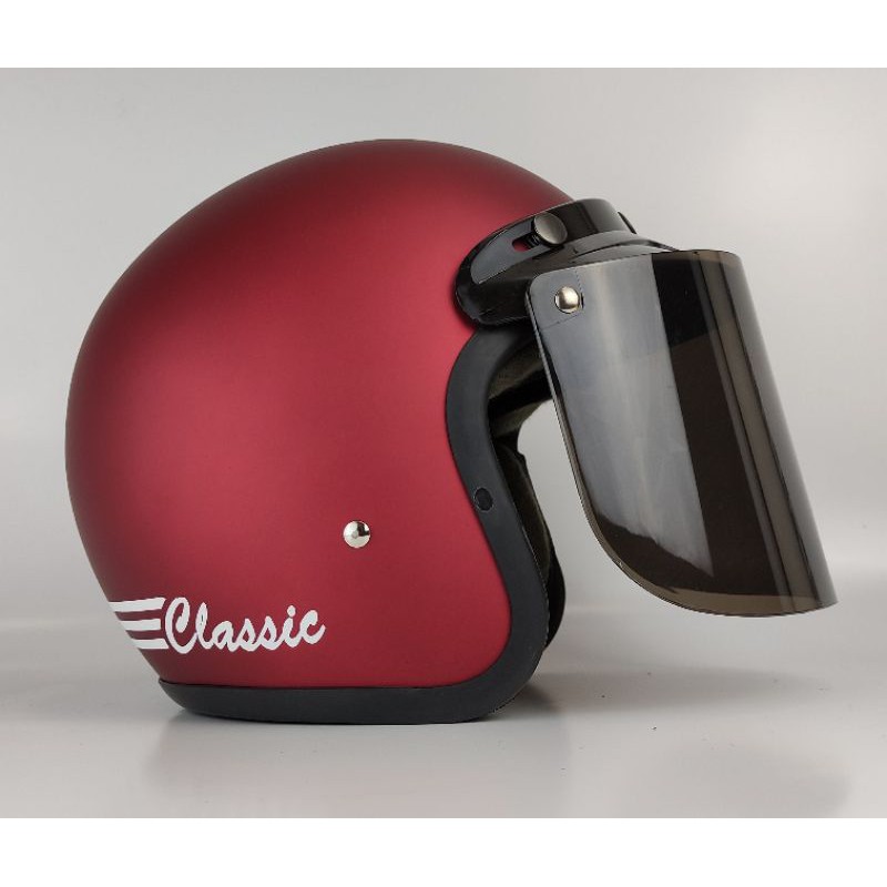 Helm Bogo Retro Dewasa Classic Garis Polos Murah Maroon Doff kaca Datar Smoke