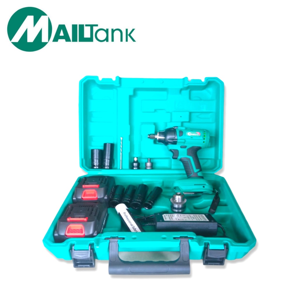 MAILTANK MESIN IMPACT WRENCH PEMBUKA BAUT MUR / CORDLESS IMPACT 21 VOLT PLUS AKSESORIS PELENGKAPNYA