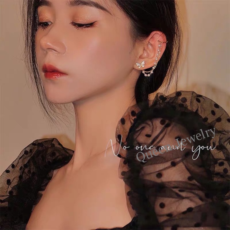 Butterfly set Anting Klip Telinga Model Kupu-Kupu Rumbai Rantai Menjuntai Gaya Korea