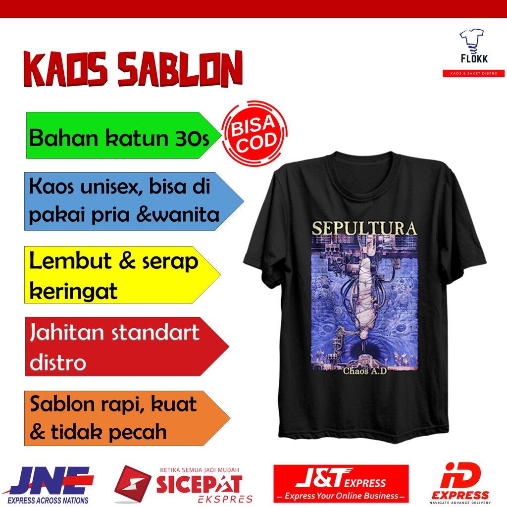 Baju kaos oversize wanita pria distro jumbo lengan panjang dan pendek musik band sepultura chaos ad
