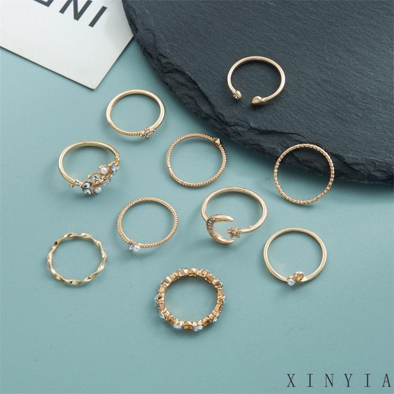 10 Pcs Cincin Berlian Mutiara Bentuk Bulan Bintang Hati Daun Gaya Retro Untuk Wanita