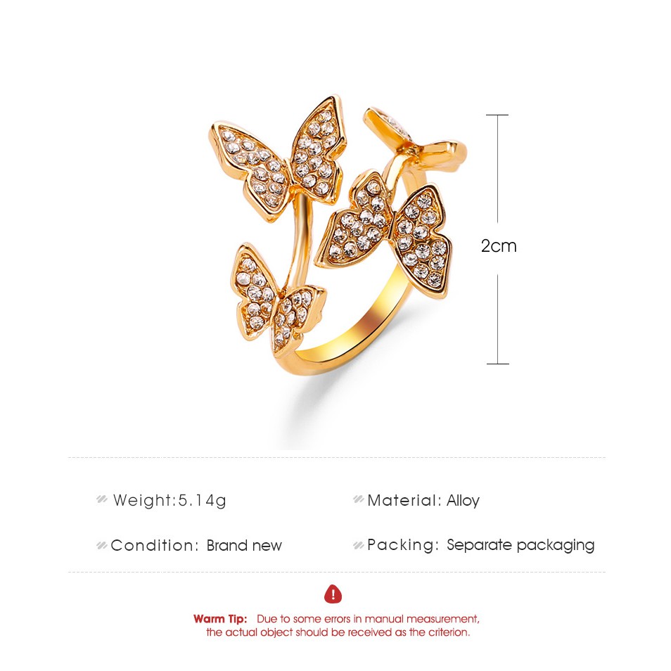 Cincin Desain Kupu-Kupu Aksen Berlian Imitasi Sapphire Warna Silver Rose Gold Adjustable Untuk Wanita