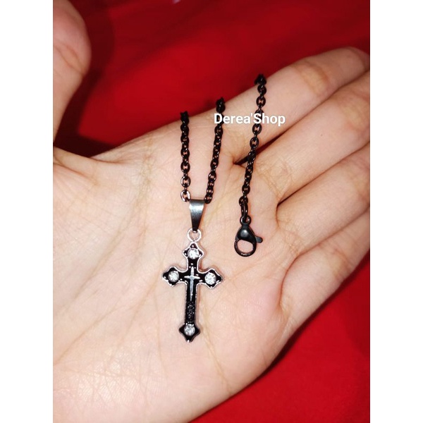 KALUNG SALIB HITAM PERMATA RANTAI NURY HITAM ANTI LUNTUR