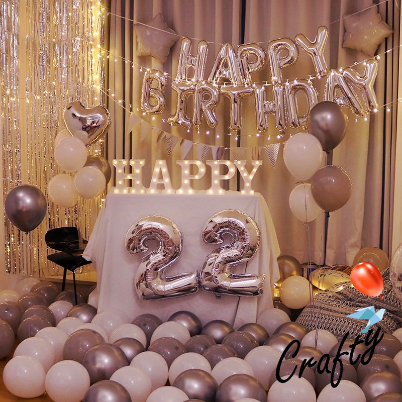 [PAKET] BIRTHDAY Set WHITE GREY LED Dekorasi Backdrop Ulang Tahun