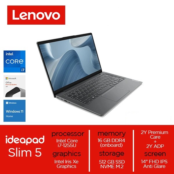 LENOVO IDEAPAD SLIM 5i - i7-1255U - 16GB - 512GSSD - IRIS XE - BACKLIT KB - 14&quot;FHD IPS - WIN11 - OHS