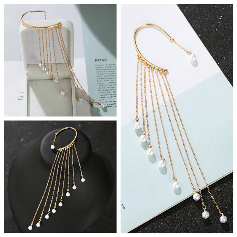 925 Temperament Long Tassel Pearl Gold Earrings Retro No Pierced Party Earring Jewelry Accessories