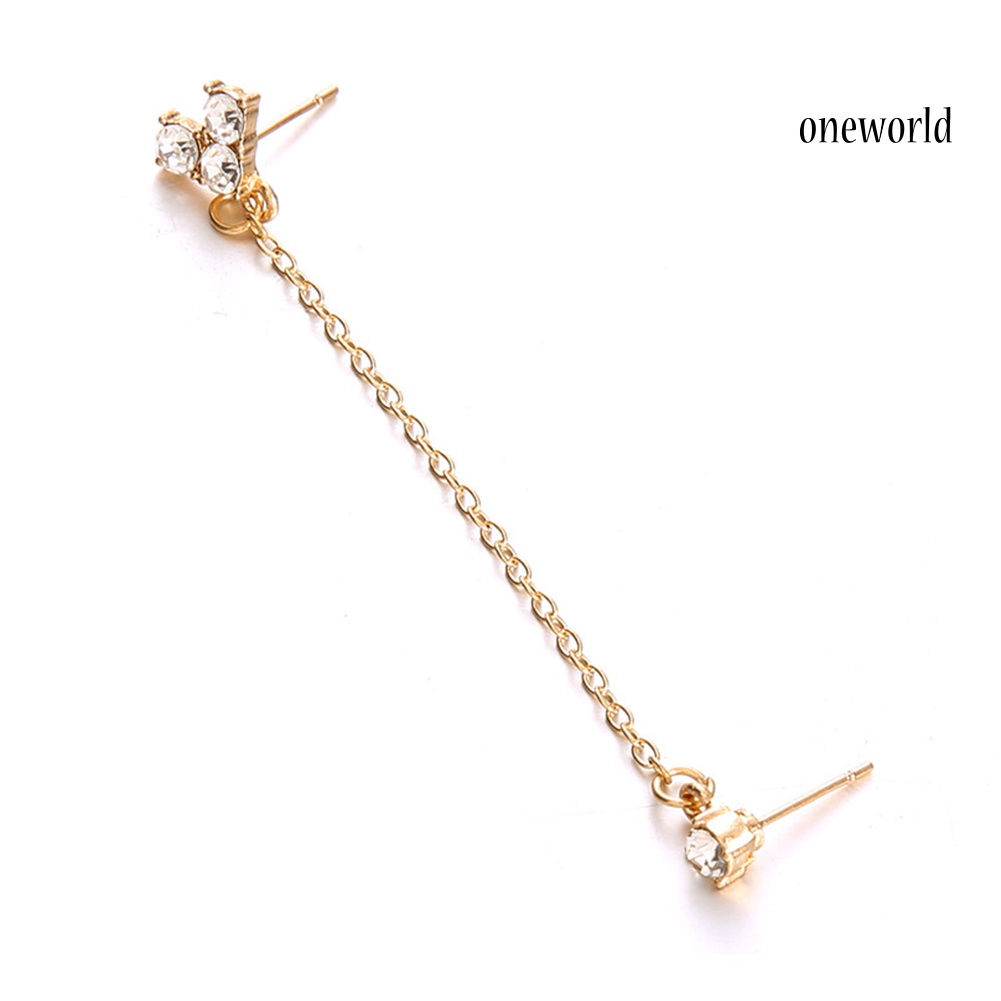 OW@ 1Pc Golden Tone Shiny Rhinestone Heart Double Ear Stud Chain Linked Earrings