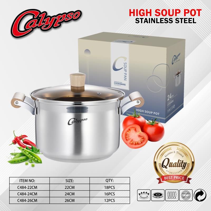 Panci Sup Calypso 24cm Stainless Steel 304, Kapasitas 3L, Tutup Kaca, Cocok Kompor Gas & Listrik