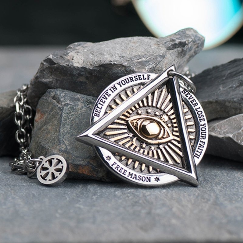 Kalung Rantai Liontin Mata Segitiga Masonic Bahan Titanium Steel Warna Silver Gaya Retro Vintage Untuk Pria