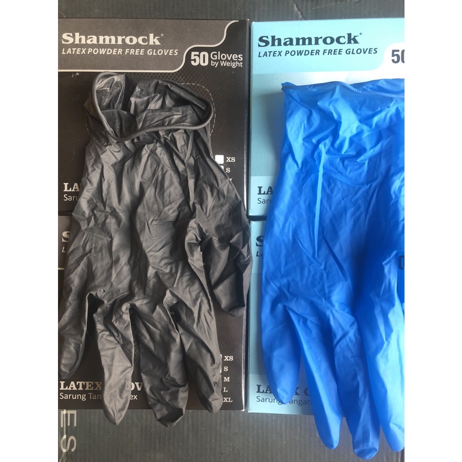 Shamrock Sarung tangan latex karet  Non Powder warna hitam dan biru 50