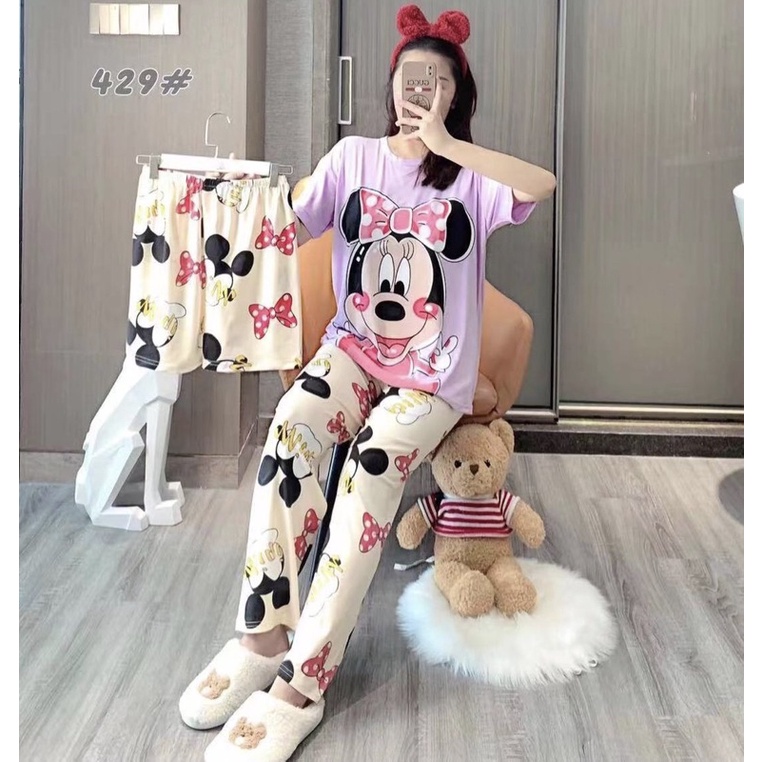 JC- Stelan Oversize 3in1 Import / Piyama 3in1 / Piyama Korea wanita terbaru Murah-3in1 Minnie Lilac