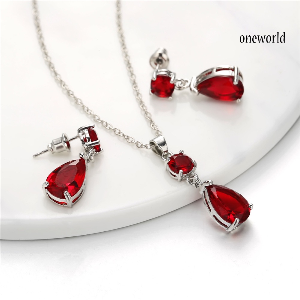 OW@ Fashion Round Drop Zircon Pendant Eardrop Earrings Necklace Women Jewelry Set