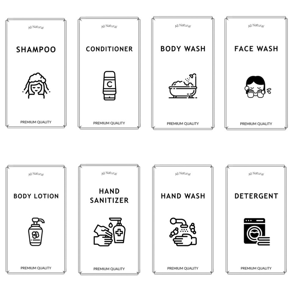 

HOME LIVING Stiker Label BW 8,5cm x 5cm Waterproof Shampoo Conditioner Body Soap Hand Wash Lotion Hand Sanitizer Detergent Softener Dish Soap Disinfectant Multipurpose Floor Cleanser Toilet Cleanser Fruit Viggie Sabun Cuci Piring