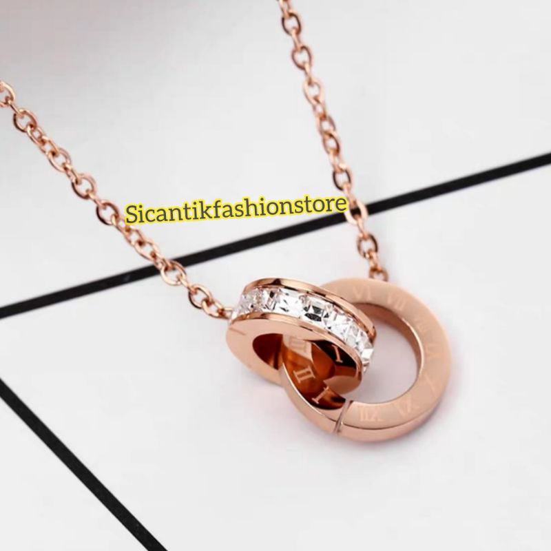 Kalung B&lt;lgri Titanium Two Rings Kristal Terlaris Anti Karat selamanya Terbaru Kekinian Mewah Fashion Wanita