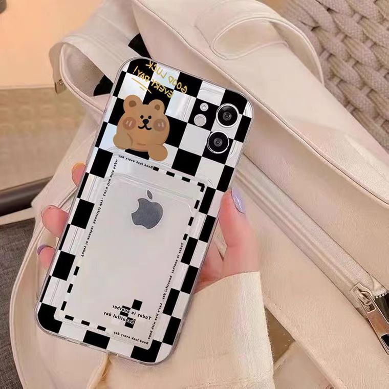 [TPC] Wallet Case Grid Bear Card Holder Phone Case IPHONE 6 6S 7 8 PLUS X XS MAX XR 11 12 13 MINI PRO MAX IP026