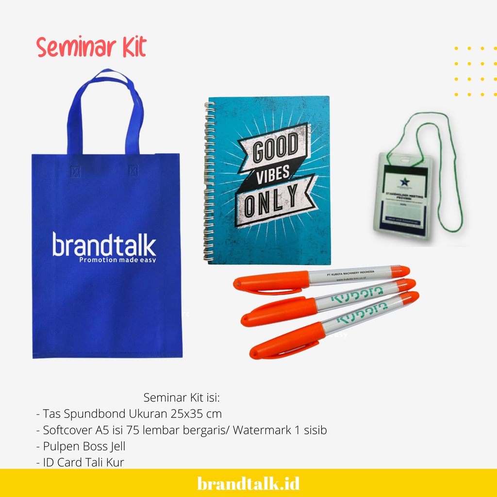 

Paket Seminar Kit - isi Tas, Notebook, Bolpoin, ID Card (CUSTOM)
