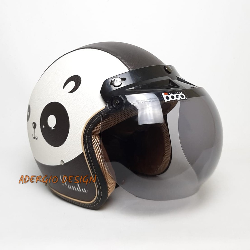 Helm Half Face Dewasa Full Kulit Karakter Panda Hitam Bogo Retro Original