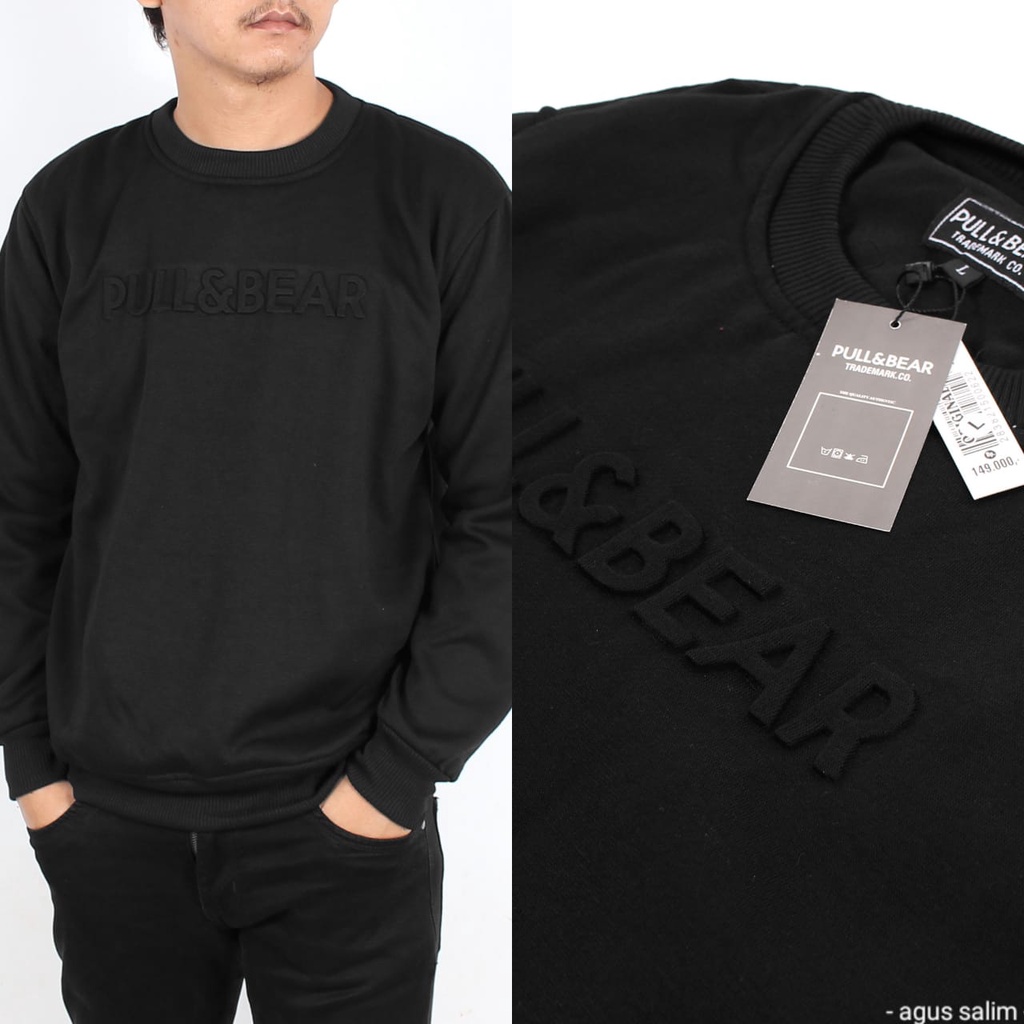 SWEATER CREWNECK PULL&amp;BEAR EMBOOS FONT 3D TIMBUL PULL AND BEAR FULL TAG AND LABEL