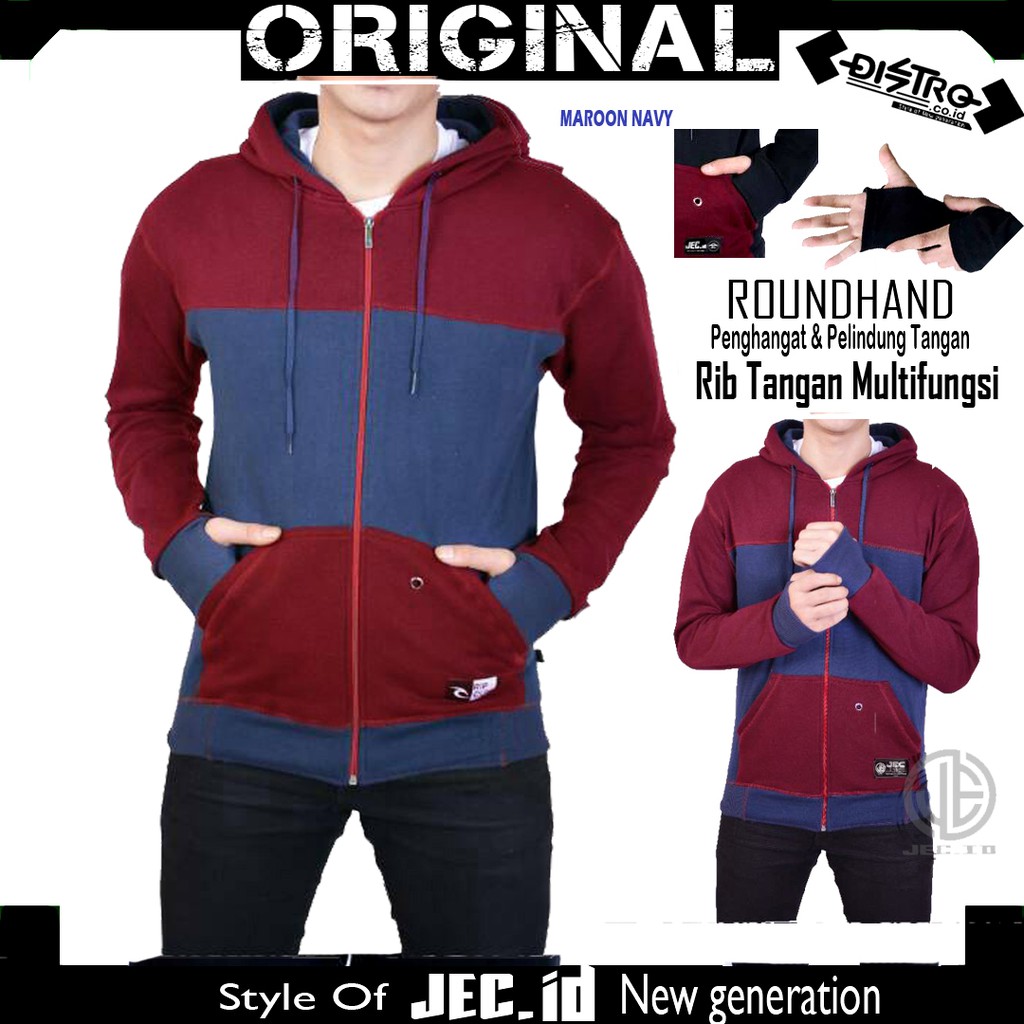 JEC Sweater Hoodie Zipper Roundhand Combi Maroon Navy Full Premium