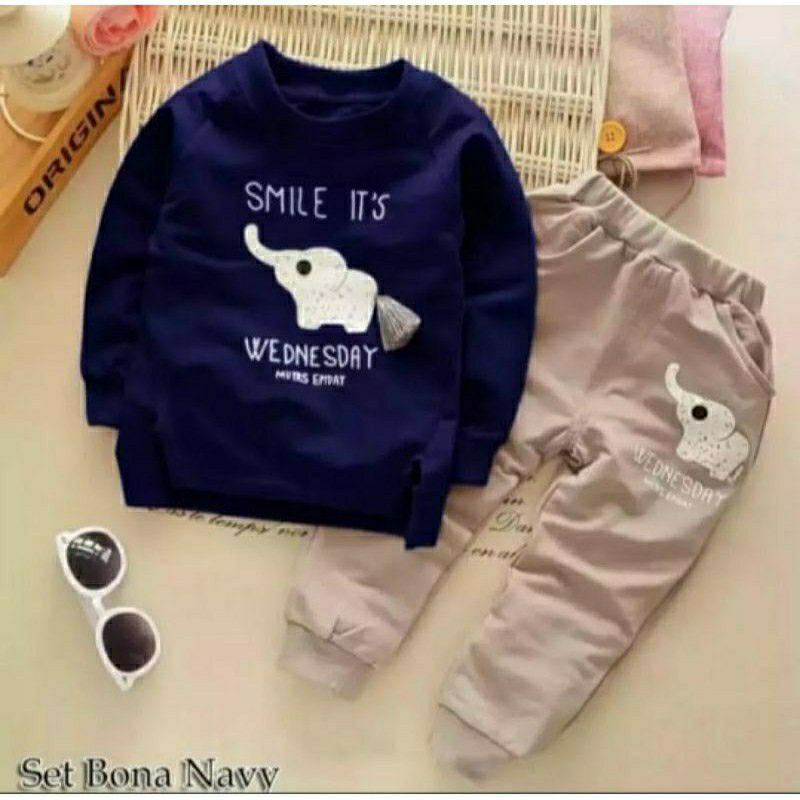 PAKAIAN ANAK BAJU ANAK SETELAN ANAK GAJAH Smile It' s Wednesday Usia 1-6 Tahun