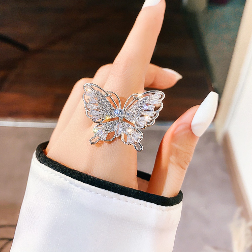 Cincin Jari Telunjuk Model Terbuka Desain Kupu-Kupu Bahan Tembaga Aksen Zirkon Warna-Warni Gaya Korea Untuk Wanita