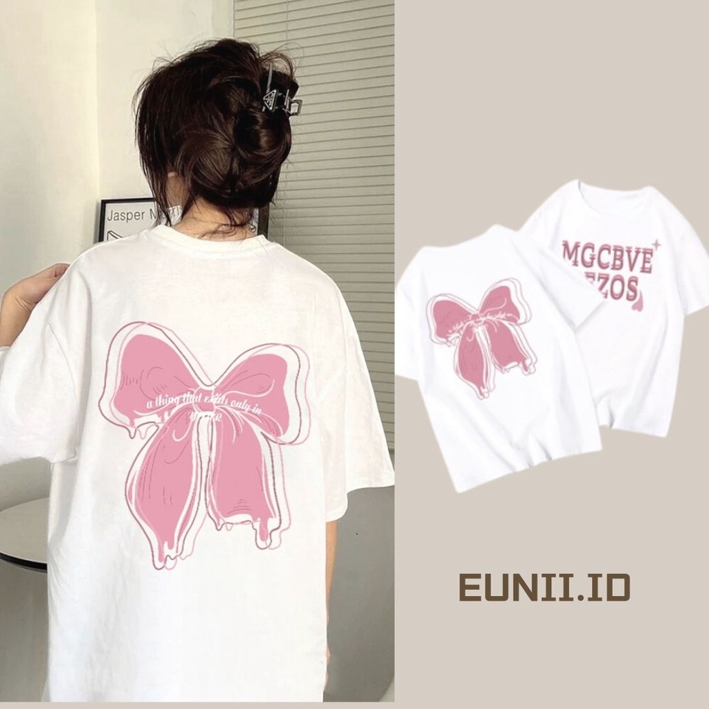 EUNII T-shirt Lengan Pendek Dasi Kupu-kupu Pencetakan Longgar Korean Style /Kaos Atasan Wanita/Baju Kaus Oversize Wanita