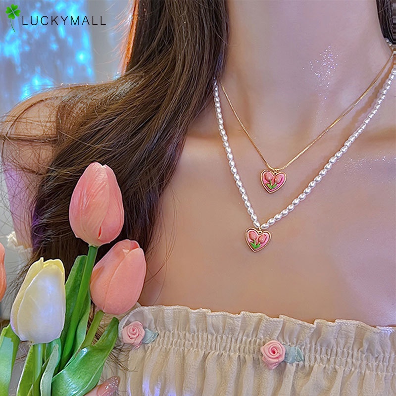 Kalung Choker Liontin Hati Tulip Pink Aksen Mutiara Untuk Wanita