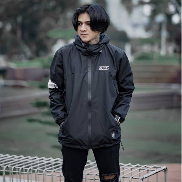 SALVIOHEXIA Jaket Waterpoof Taslan Jaket Outdoor Parasut Pria Hitam